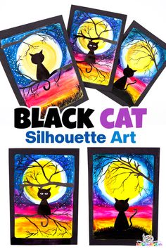 four black cat silhouettes painted on canvases with the words black cat silhouette art