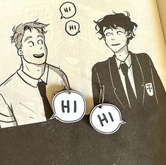 two people with speech bubbles in front of them, one has the word h on it