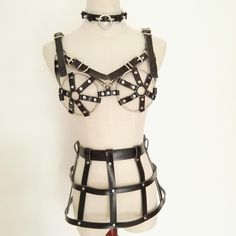 Leather Hollow Out Bandage Bikini Harness Cage Skirt and Choker (4 Colors) Chain Crop Top, Cage Skirt, Crop Top And Skirt Set, Crystal Mirror, Goth Choker, Shoulder Necklace