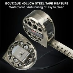 an image of a metal tape measure with the words, boutique hollow steel tape measure waterproof / anti - fouling easy to clean