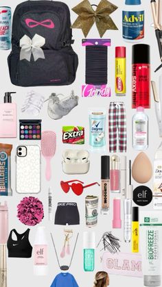 the contents of a backpack are shown in this collage, including cosmetics and other items