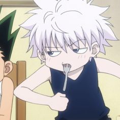 an anime character is brushing his teeth while another looks on