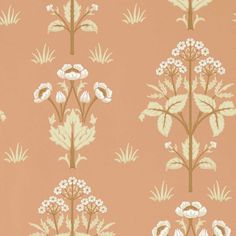 an orange and white wallpaper with flowers on the side, in front of a pink background