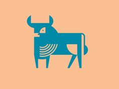 a blue cow with horns on an orange background