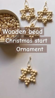 wooden bead christmas star ornament on white background with text overlay that reads, wooden bead christmas start ornament