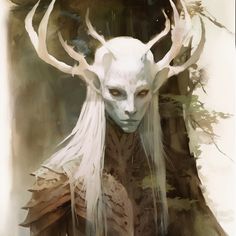 a painting of an elf with white hair and horns