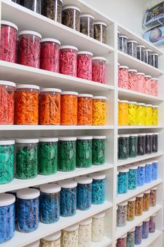 the shelves are filled with many different types of thread