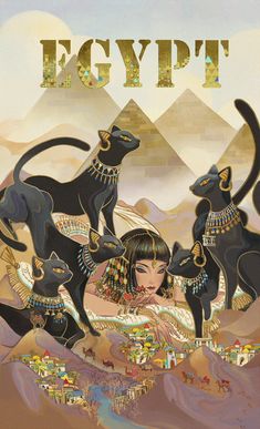 an egyptian woman surrounded by cats in front of the great pyramids with text that reads egypt