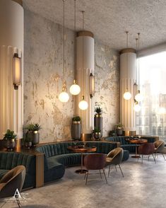 the interior of a restaurant with round tables and green velvet seating, gold accents and hanging lights