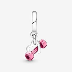 Wear your love for fitness with the Dumbbell & Heart Dangle Charm. Hand-finished in sterling silver, this charm features a dumbbell sitting inside an open heart shape. The dumbbell is covered in hand-applied pink enamel, with delicate heart details on each end. With a design inspired by fitness and strength, this charm is perfect for anyone who finds their joy in physical movement and exercise, whether that's at the gym, at home or outside. Available in-store and online. | Pandora Dumbbell & Hea Pandora Bracelet Charms Ideas, Pandora Pink, Gym At Home, Pink Charm, Charms Pandora, Bracelet Pandora, Pandora Bracelet Charms, Pink Enamel, Pandora Bracelets