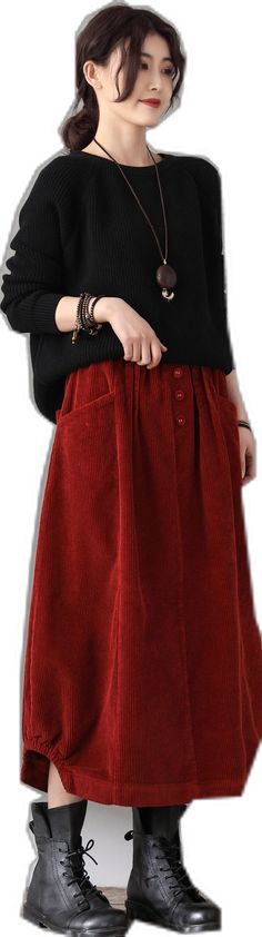 Corduroy Skirt For Winter, Red Cotton Skirt For Winter, Winter Cotton Midi Skirt, Winter Cotton Skirt With Pockets, Casual Corduroy Skirt For Winter, Fall Corduroy Skirt With Pockets, Winter Wide Leg Skirt With Pockets, Corduroy Maxi Skirt, Maxi Skirt Plus Size