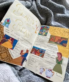 an open children's book with pictures of beauty and the beast written on it