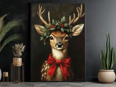 a painting of a deer with holly wreaths on its head