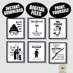 six black and white posters with different sayings on the same page, including an image of