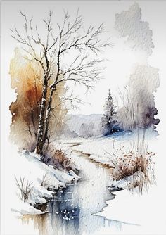 a watercolor painting of a snowy landscape with trees in the foreground and a stream running through it