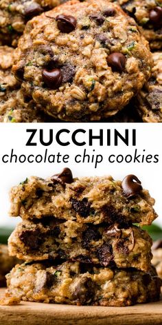 zucchini chocolate chip cookies stacked on top of each other with text overlay