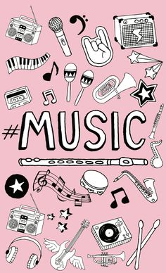 the word music is surrounded by various musical instruments and other things in black and white on a pink background