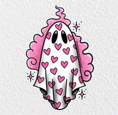 a white ghost with pink hair and hearts on it