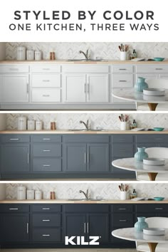 the kitchen cabinets are painted gray and white with text that reads, styled by color one kitchen, three ways