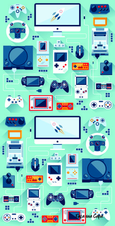 a poster with different types of video game controllers and games on the wall, all in blue