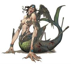 a woman sitting on top of a mermaid with her hands in her pockets and holding two swords