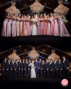 two pictures of the same bride and groom with their bridal party in front of them