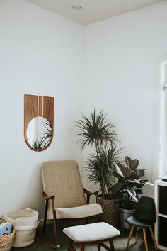 a living room with a chair, mirror and potted plant on the side wall