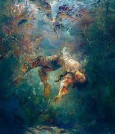 the painting shows two people swimming in water