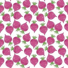 a bunch of pink radishes with green stems on white background seamless pattern