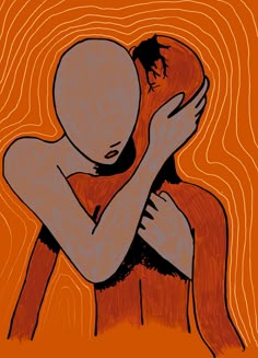 a drawing of a woman holding her head in front of an orange and black background