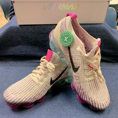 Nike Air Vapormax Flyknit 3 Shoes New In Box Never Worn Pink Air Max Cushioned Comfortable Sneakers, Pink Comfortable Sneakers With Air Max Cushioning, Comfortable Pink Sneakers With Air Max Cushioning, Comfortable Pink Sneakers With Air Cushioning, Multicolor Running Shoes With Air Cushioning For Spring, Casual Spring Running Shoes With Air Max Cushioning, Nike Casual Sneakers For Light Exercise, Pink Mesh Running Shoes For Spring, Nike Air Vapormax Flyknit 3