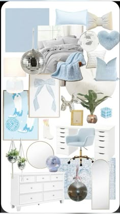 a collage of blue and white items including bed linens, pillows, lamps, mirror, vase