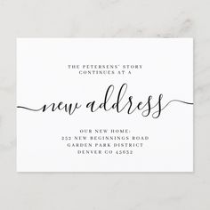 the new address card is shown in black ink and features an elegant calligraphy font