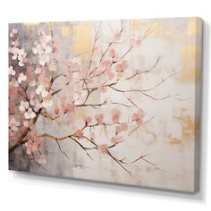 an abstract painting with pink flowers on white and yellow background, mounted on a wall