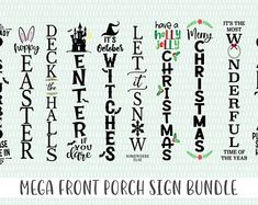 the mega font sign bundle is shown in black and white, with christmas lettering on it