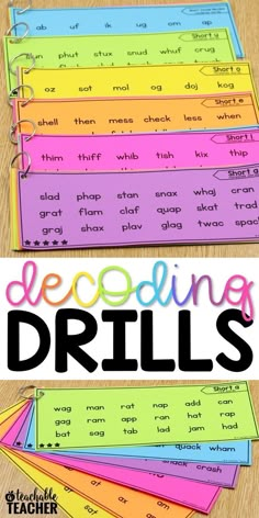 the words decoding drills are shown on top of each other, and in front of them