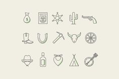 a set of line art icons with different shapes and colors, including an arrow, cowboy hat