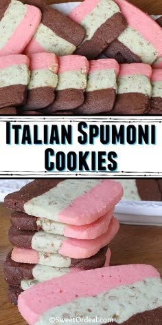 italian spumoni cookies stacked on top of each other with pink and white frosting