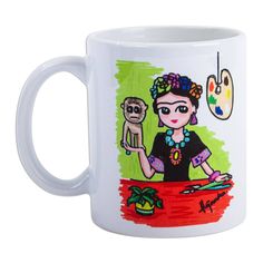 a white coffee mug with an image of a woman holding a dog on it's shoulder