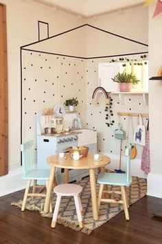 two children's chairs sitting at a table in a room with polka dot walls