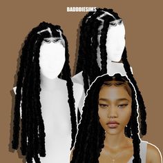 an image of a woman with long black dreadlocks on her head and in front of two mannequin heads