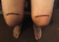 two people with tattoos on their legs that say love giants and i love chats