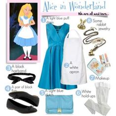 the alice in wonderland costume is shown with accessories and other things to put on it