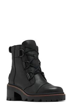 An essential city boot in a lace-up style with D-ring hardware and lug sole can easily be styled up or down to match your style mood. 2 1/4" heel; 3/4" platform (size 8.5) 5 1/2" shaft Removable EVA insole Leather upper/textile lining/rubber sole Imported Lace Up Boots Women, Sorel Joan, Lace Up Combat Boots, Sorel Womens, Womens Ankle Boots, Lace Boots, Lace Up Boots, Boot Shoes Women, Winter Boots