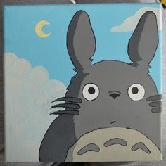 a painting of a rabbit with clouds in the background and a half moon behind it