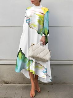 A-Line High-Low Asymmetric Flower Print Mock Neck Midi Dresses White Midi Dress, Midi Dresses, Flower Print, Flower Prints, Mock Neck, High & Low, High Low, A Line, Midi Dress