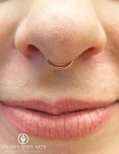 a woman's nose with an open nose ring on top of her nose and the bottom