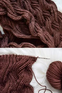 two pictures show the same yarn as they are being used to make knitted scarves