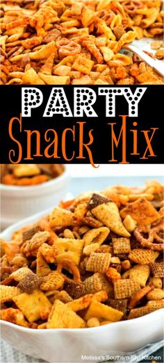 party snack mix in a white bowl with the words party snack mix on top and bottom