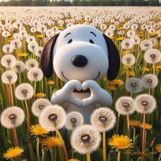 a cartoon dog sitting in the middle of a field with dandelions and daisies